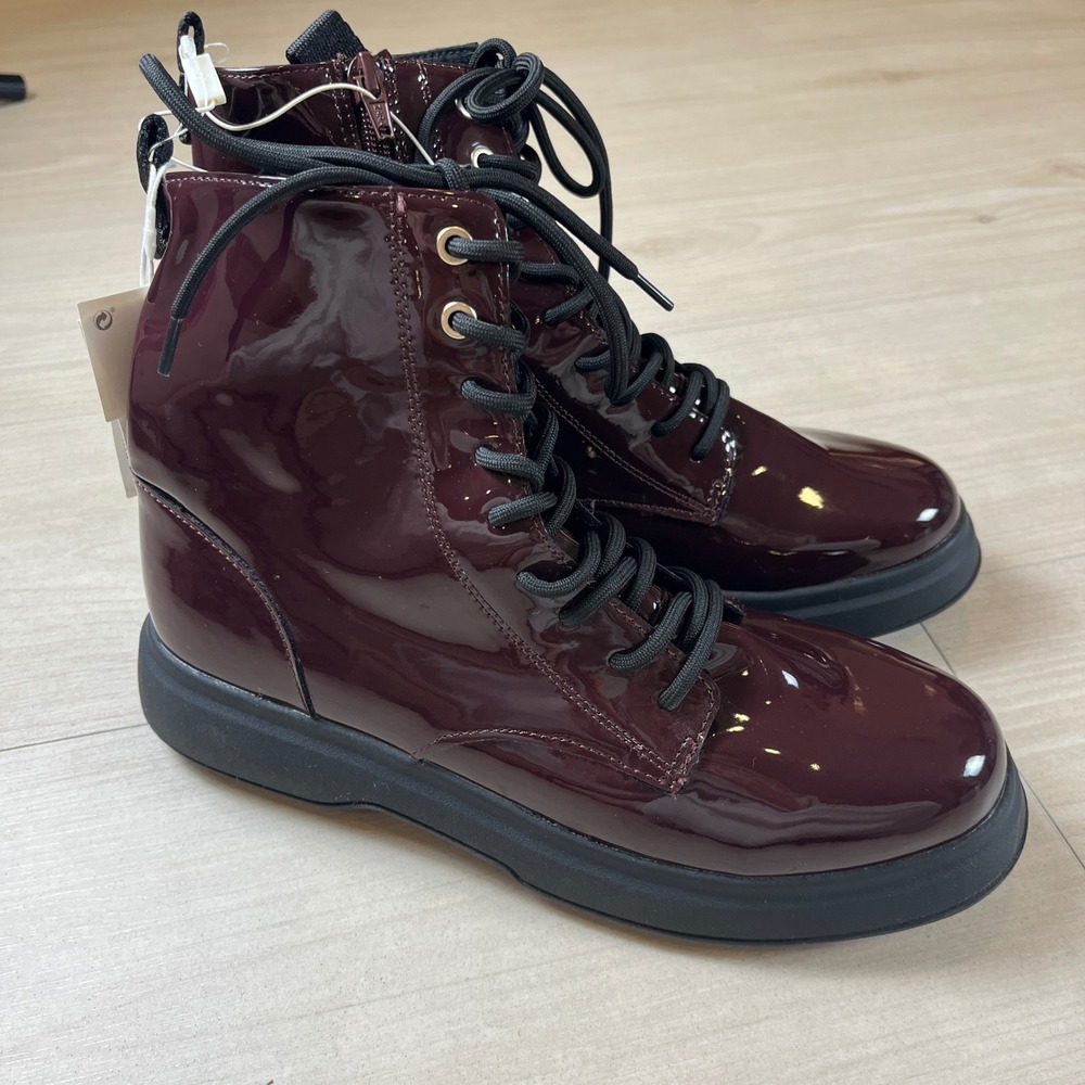 Zara Burgundy Patent Ankle Boots Side Zip Combat Lug Sole Size 39 8 NWT